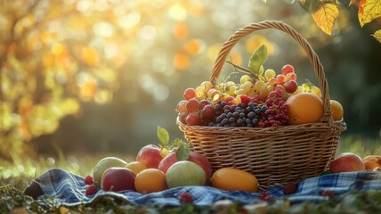 Nature picnic with a fruit basket of colorful fruits like berries, apples, and oranges, bathed in bright sunlight. Harvesting