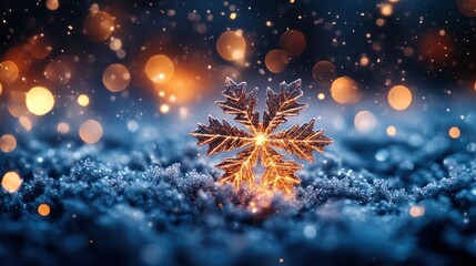 A serene Christmas night with softly illuminated snowflakes.