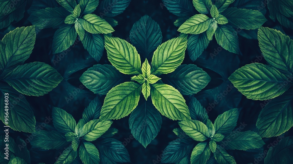Poster a close-up of lush green leaves arranged in a symmetrical pattern, creating a tranquil and natural b