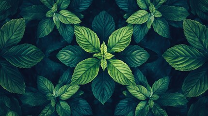 A close-up of lush green leaves arranged in a symmetrical pattern, creating a tranquil and natural background.