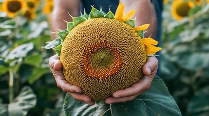 giant head of gisarol sunflower harvest in backyard garden hand holding sunflower : Generative AI