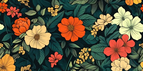 Line art illustration featuring an allover floral pattern with various color options for textile design