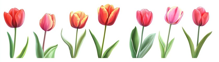 Naklejka premium A vibrant collection of colorful tulips showcasing shades of red, pink, and orange, ideal for spring-themed designs.
