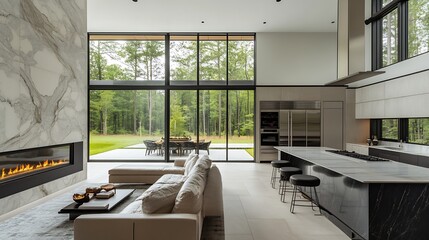 Fototapeta premium Contemporary modern home exterior and interior with floor to ceiling marble fireplace black granite countertops in the kitchen modern stylish furniture built in wall ovens custom fridg : Generative AI