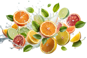 Citrus fruits with splashing water and green leaves isolated on white background.