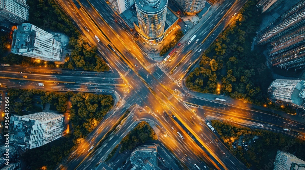 Poster an aerial shot of a city intersection, where multiple roads converge, and traffic moves in synchroni