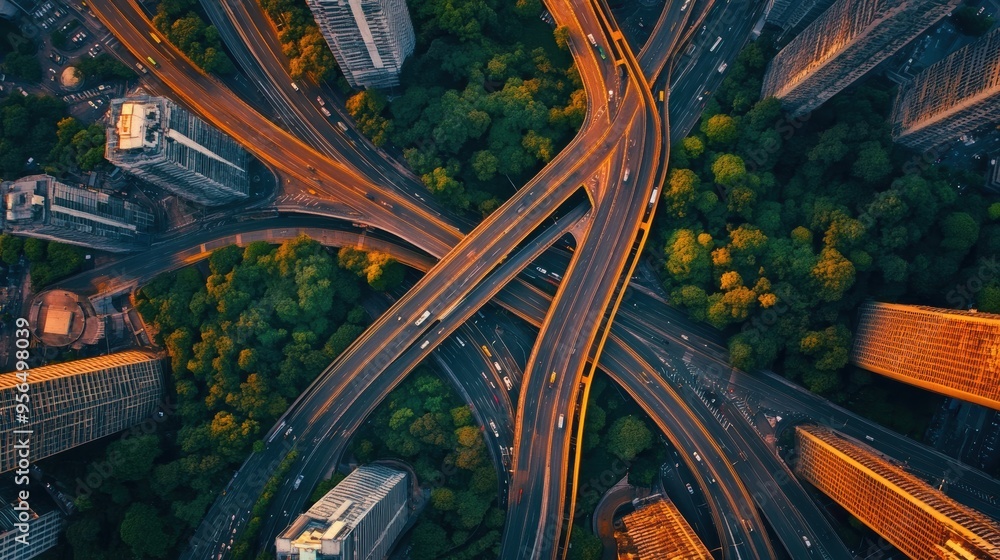 Poster an aerial shot of a city intersection, where multiple roads converge, and traffic moves in synchroni