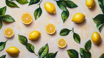 Oil painting showcasing lemon fruit arranged with green leaves in a flat lay style highlighting a nature inspired theme