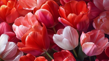 Fototapeta premium A vibrant display of red and pink tulips, showcasing their delicate petals and vivid colors in a beautiful floral arrangement.