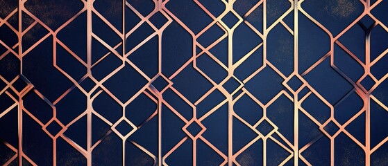 Line art illustration featuring jewel tone fretwork in navy and rose gold