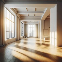 Obraz premium Large bright room, hall with windows. Interior of an empty room. 3D illustration. 
