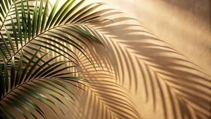 Obraz premium Soothing sunlight illuminating beige wall with palm leaf shadow details