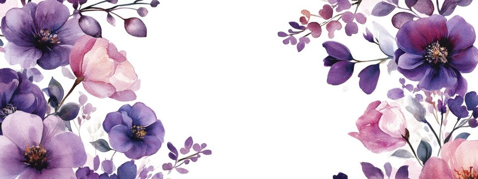 Watercolor wedding invitation design adorned with purple floral elements