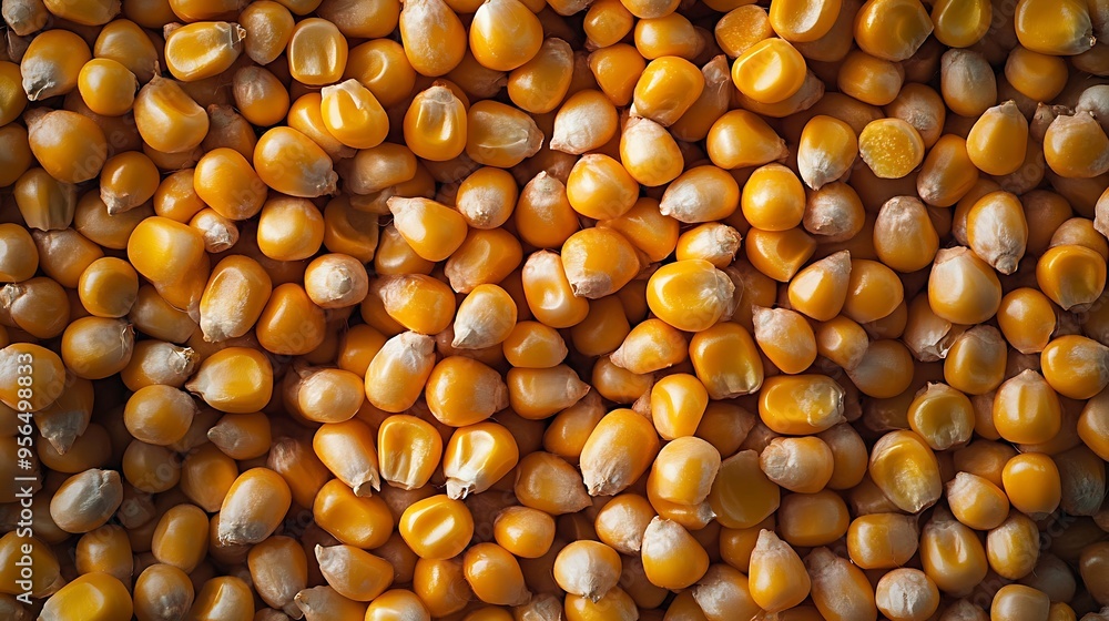 Poster Closeup of yellow corn kernels top view Zea mays seeds top view Background of corn grains top view Corn harvest grain in bins background texture : Generative AI