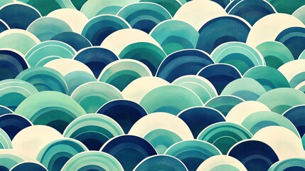Fototapeta premium Abstract pattern of overlapping blue, green, and white semi-circles.