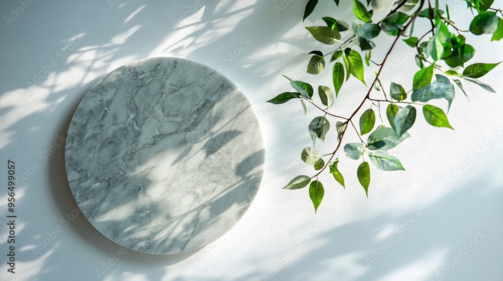 Leinwandbilder Round marble table top with tree leaves shadow drop on white wall background for mockup product display : Generative AI