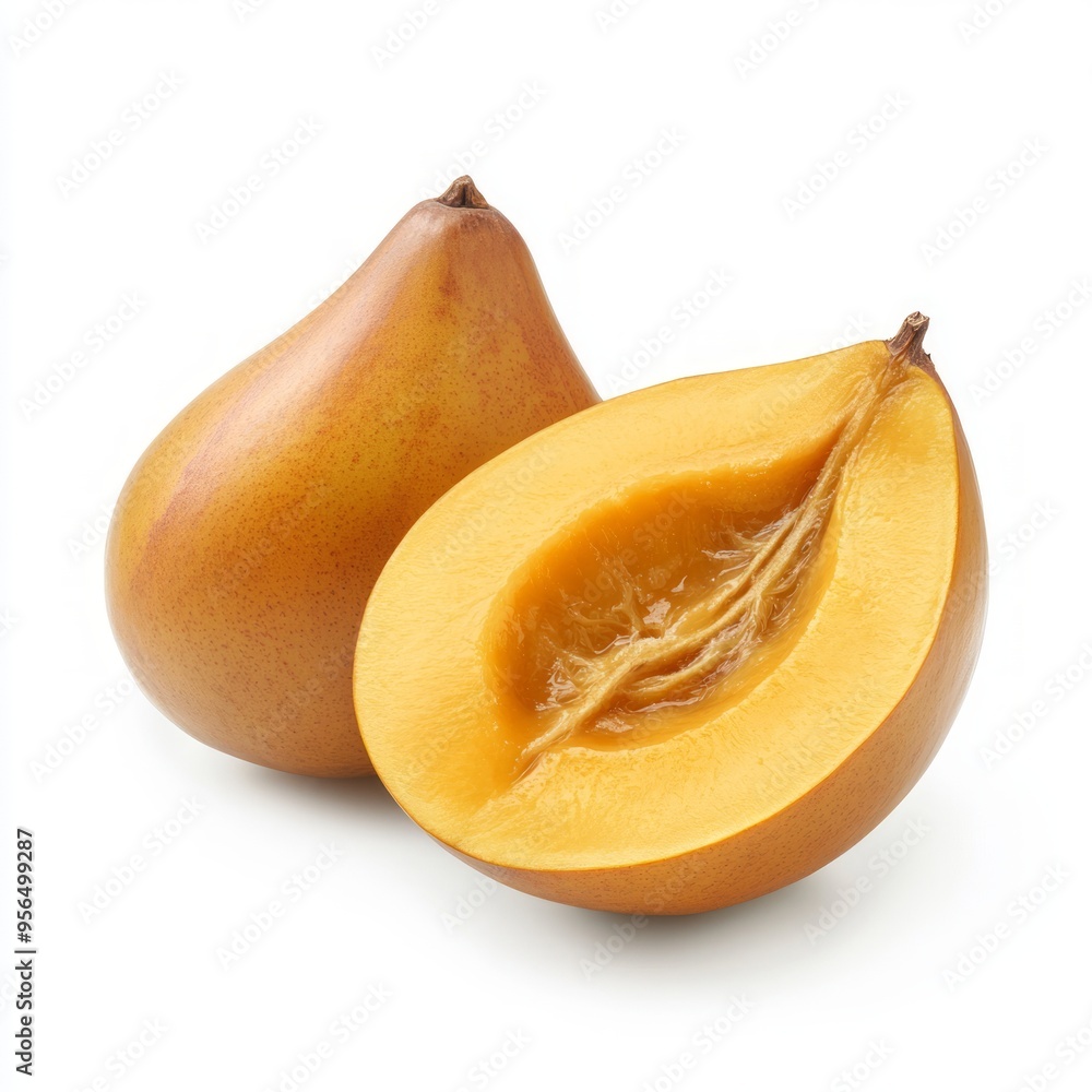 Canvas Prints A whole and a half of a ripe golden color fruit, on white background.