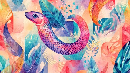 Line art illustration featuring a rhombus skin ornament in watercolor A pastel geometric snake repeat colorful batik fish scallop zigzag ink and animal geometric pattern with colored feather accen