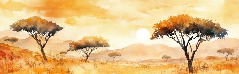 Watercolor landscape of a desert sunrise featuring Acacia trees A hand painted depiction of nature ideal for safari themed wedding invitation designs