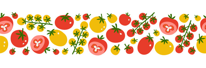 Tomato seamless horizontal border. Fresh organic veggie red and yellow print for kitchen, menu, food package design. Hand drawn flat vector illustration. Healthy cute kitchen backdrop.
