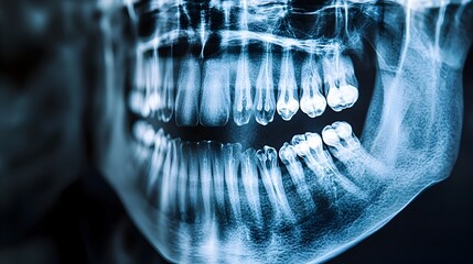 Detailed Macro Photography of Dental X Ray Film Showcasing the Intricate Anatomy of Teeth and Jaws for Medical Dental and Educational Purposes