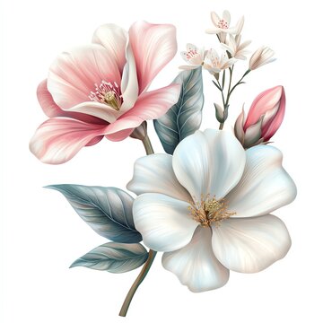 Beautiful floral illustration featuring pink and white flowers with delicate leaves, perfect for nature-themed designs.