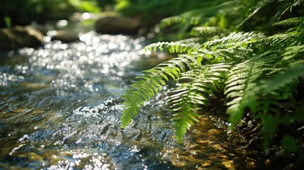 Fototapeta premium Ferns growing along the edge of a clear, babbling brook, with sunlight sparkling on the water
