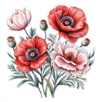 Beautiful illustration of vibrant red poppy flowers with delicate petals and lush green leaves, perfect for decor.