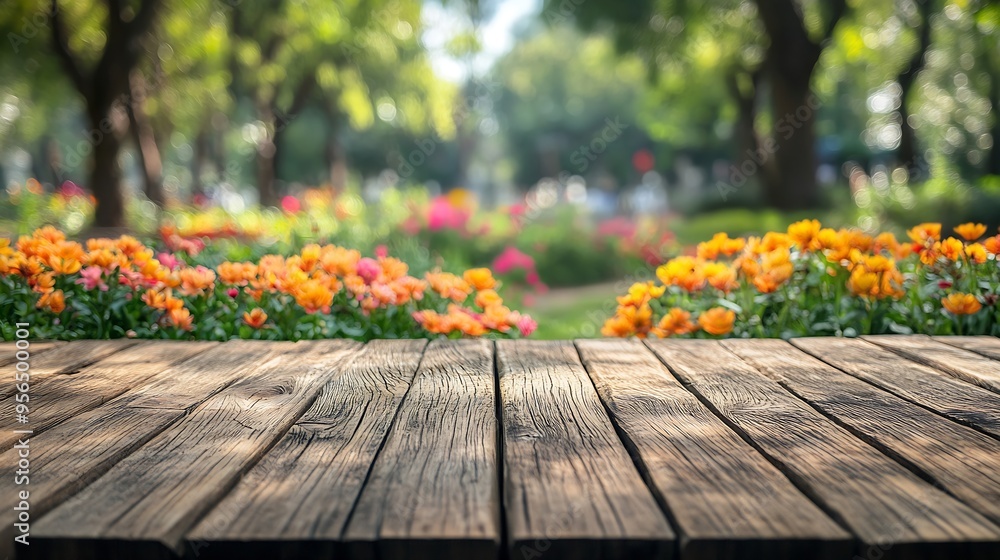 Aufkleber Empty wood table counter on copy space flower garden background Concepts and ideas product display montage image : Generative AI
