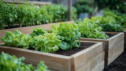 Garden Raised Beds for Growing Vegetables and Herbs on Humus soil Lettuce Salad Cucumbers growing in High Garden Beds Modern Urban Gardening and Community Eco Garden concept : Generative AI