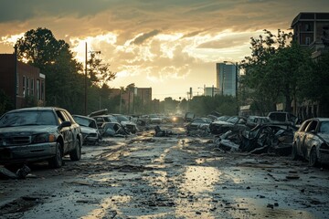 Obraz premium A devastated urban street littered with wrecked and abandoned cars in the aftermath of a natural disaster. 