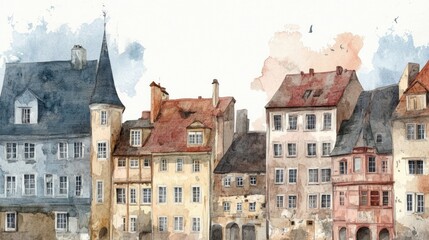 Obraz premium Watercolor illustration showcasing a charming perspective of traditional European urban architecture