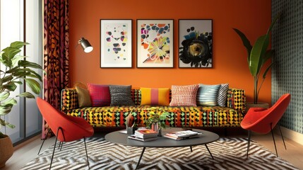 A stylish living room with a colorful sofa, patterned curtains, and a zebra-print rug. The room is decorated with abstract artwork and plants.