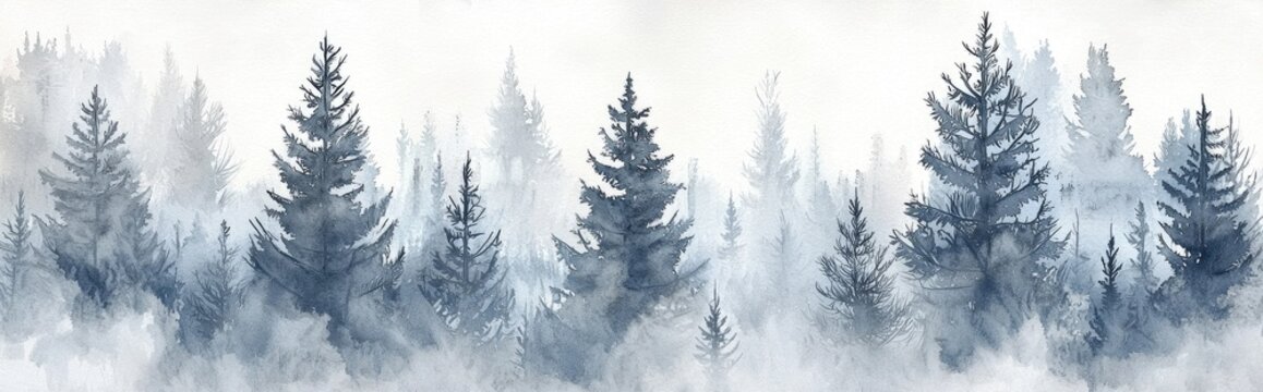 Winter forest landscape in gray tones A watercolor drawing as a tracing image Vintage themed card template or background