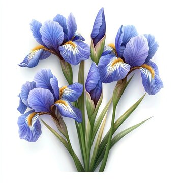 Vibrant blue iris flowers elegantly arranged with lush green leaves, perfect for floral designs and nature-themed projects.