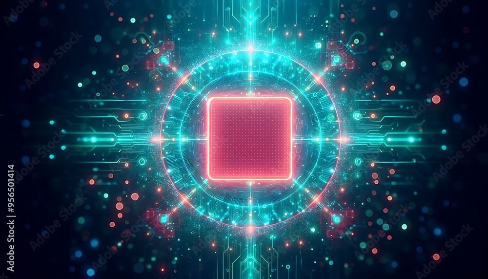 Poster a computer chip is shown in a bright, colorful, and abstract style. concept of technology and innova