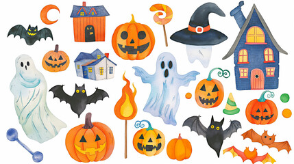 Halloween characters and symbols on white background. Halloween seamless pattern, Halloween background with pumpkins, monsters, ghosts, bats, houses on white background. Cover, postcard