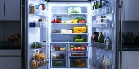 A refrigerator full of various foods and drinks.