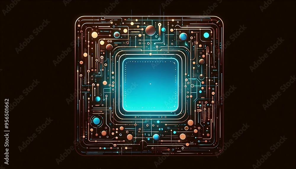 Poster a computer chip with a blue square in the middle. the blue square is surrounded by many other square