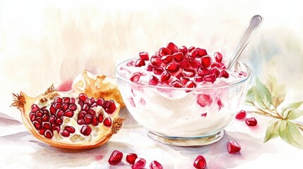 Watercolor illustration of yogurt with pomegranate on a table