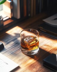 A glass filled with whiskey and ice cubes elegantly placed on a table