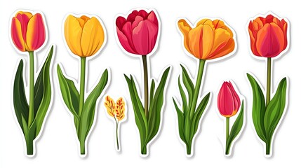 Fototapeta premium Vibrant tulips in various colors and stages of bloom, perfect for spring-themed designs and floral illustrations.