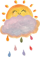 Cute Sun, Clouds and Rainbow Watercolour Illustration for kids nursery room pattern and design