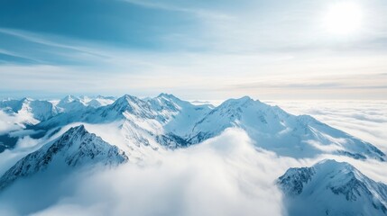 an aerial view of a mountain range with snow-capped peaks, deep valleys, and clouds drifting over the landscape, a majestic and awe-inspiring scene