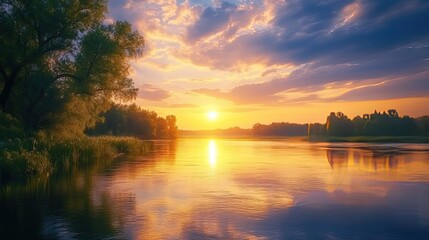 Fototapeta premium A serene sunset over a tranquil lake, with the golden light reflecting off the water and casting long shadows across the landscape.