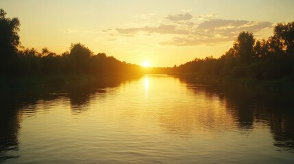 A serene sunset over a calm river, with the golden light reflecting on the water's surface.