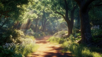 Obraz premium Sunlight beams through the trees as a path winds through the woods.
