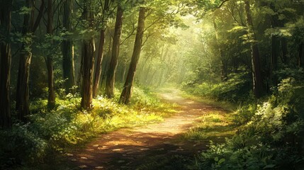Fototapeta premium A sun-dappled path winds through a lush forest, sunlight filtering through the leaves and casting a warm glow on the ground.