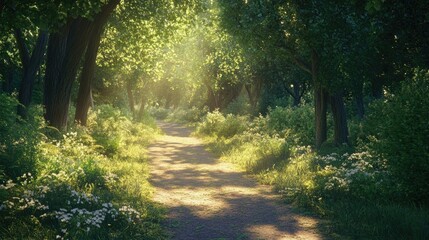 Fototapeta premium A sun-dappled path winds through a lush forest, sunlight filtering through the trees and illuminating the foliage.