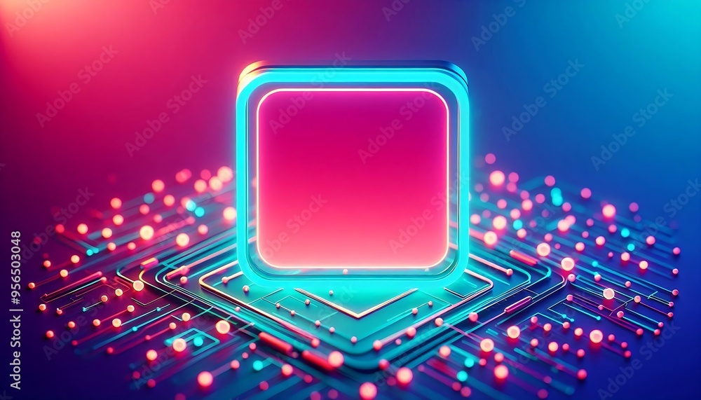Poster a computer chip with a pink square in the middle. the square is surrounded by a blue and red backgro